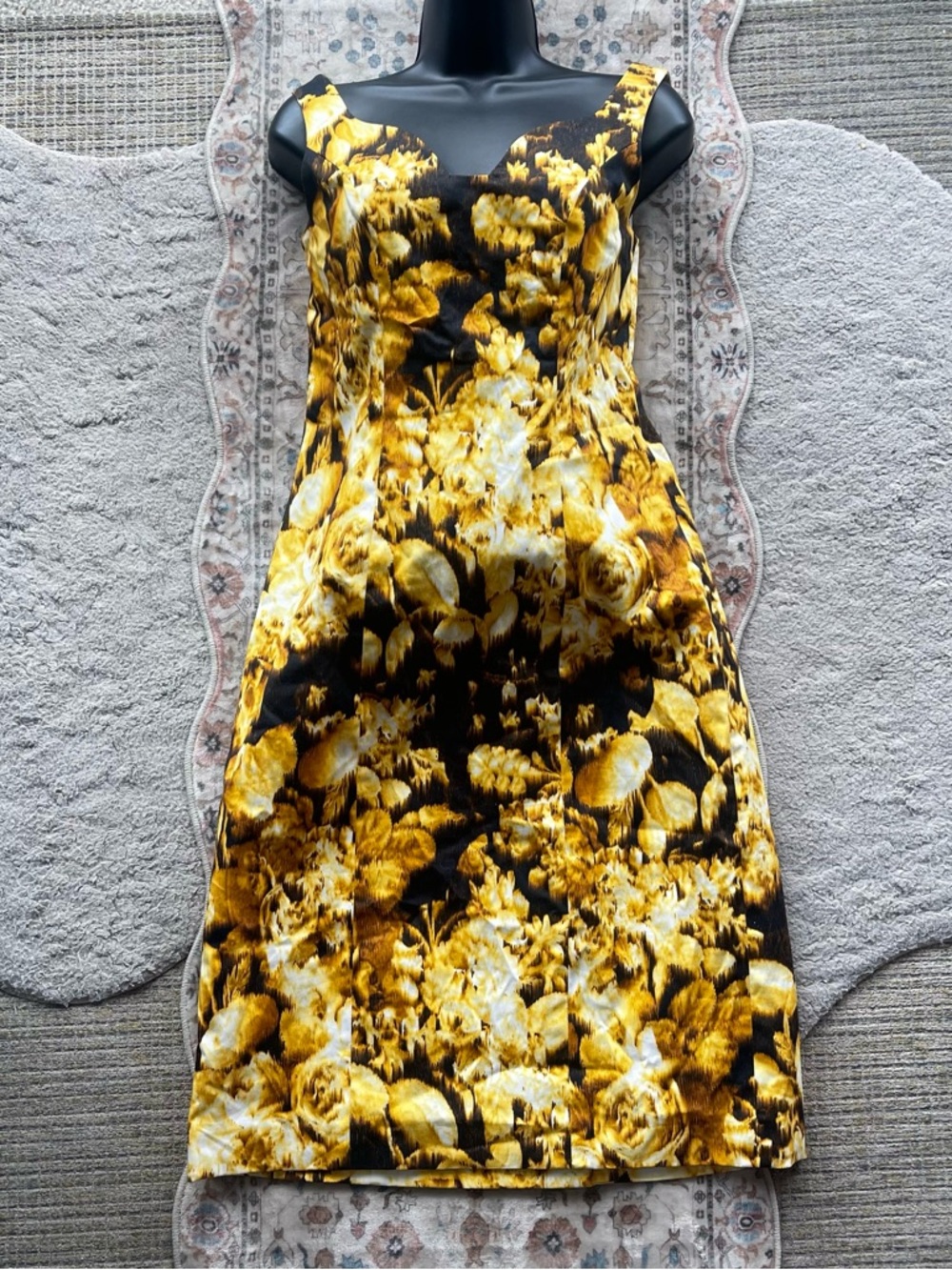 Carolina Herrera Yellow and Black Floral Midi Coquette Feminine Dress